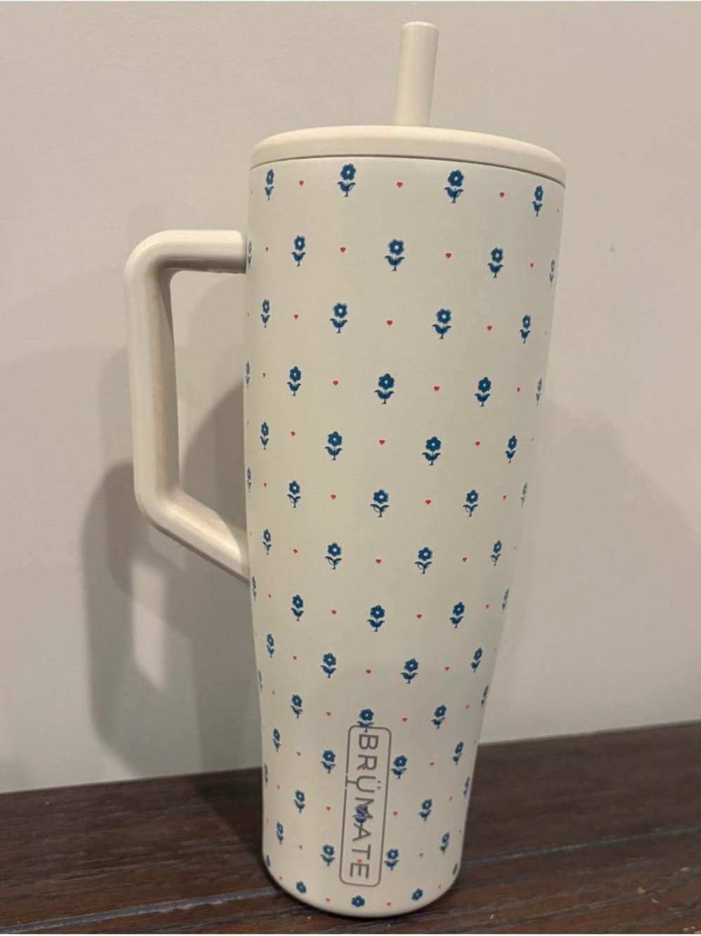 BrüMate Cream Floral Travel Tumbler with Handle and Straw